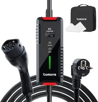 Immagine prodotto di cavo di ricarica tomons tipo 2 Schuko 3,5 kW, 16A, 6M cavo di ricarica per auto elettriche con display a LED e funzione di ritardo (corrente commutabile 6/8/10/13/16A)
