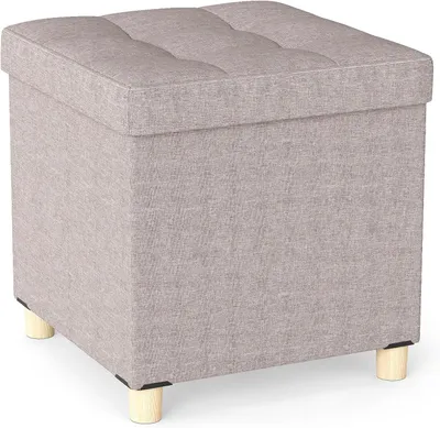 Productafbeelding van Opbergkruk met beklede linnenstof, voetenbank met deksel en poten van rubberhout, geschikt voor woonkamer, slaapkamer en hal, 45 x 45 x 45 cm, beige