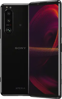 A black Sony Xperia smartphone is shown from the back and side, with the screen facing forward.