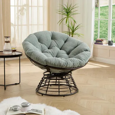 Produktbild von Ergonomischer Papasan-Drehsessel aus Weide mit 360°-Drehung, weichem Kissen und stabilem Rahmen für Wohnzimmer und Schlafzimmer, brauner Rahmen mit hellgrünem Kordkissen