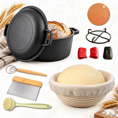 Produktbild von 26 cm Gusseisen Brotbacktopf inkl. Gärkorb – Brottopf mit Deckel, Brotbackset, robuste Brotbackform, Brot Backen Zubehör