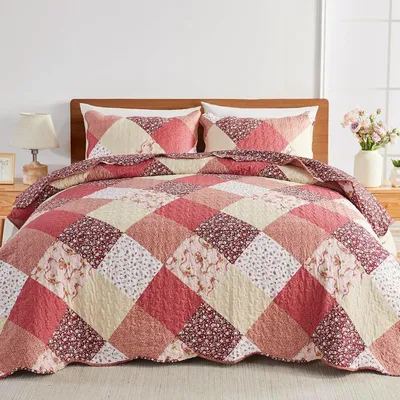 Produktbild von Tagesdecke 250 x 270 cm, 2 Kissenbezüge, Patchwork Blumenmuster, für Schlafzimmer