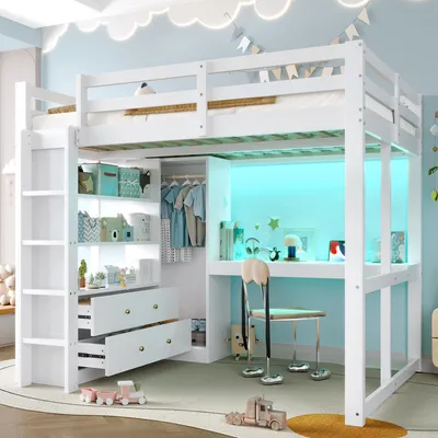 Immagine prodotto di Letto a castello a soppalco Merax 140x200 con scrivania, LED, USB, 2 cassetti, ripiani, armadio a giorno, letto per bambini, letto a castello, letto per ragazzi, bianco