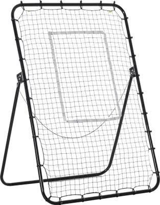 A black metal framed soccer rebounder net with a white rectangular target area is shown against a white background.