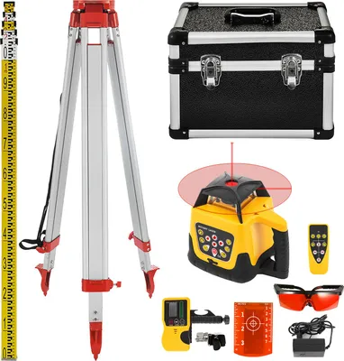 A collection of laser leveling equipment and accessories laid out on a white background.
