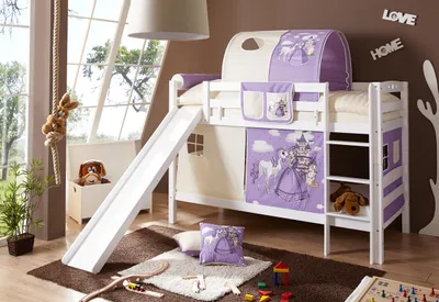 Produktbild von Etagenbett mit Rutsche "Lupo" Buche massiv Weiß Motiv (Horse (Lila))