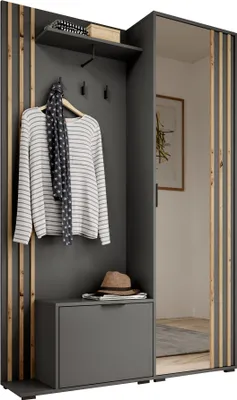 Produktbild von MOEBLO Kompaktgarderobe JOHN – Dielenschrank Wandschrank Regal für Diele & Flur Kleiderschrank Schuhschrank mit Spiegel Flurgarderobe Schrank (BxHxT): 131x192x40 cm - JOHN (Grau + Artisan)