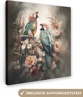 Produktbild von MuchoWow® - Leinwandbilder - Papageien - Vögel - Natur - Blumen, Wandbild, Wanddeko Bilder Wohnzimmer, 50x50 cm