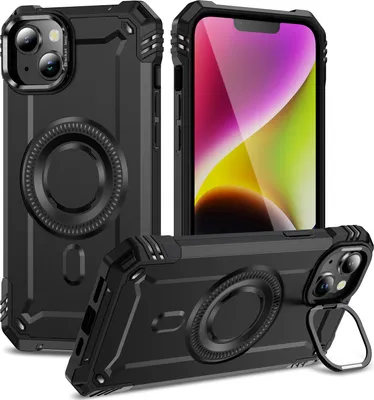 Produktbild von Magnetisch Hülle für iPhone 14/iPhone 13, Heavy Duty Militärischer Stoßfest Handyhülle Kamera-Ringständer Schwarz