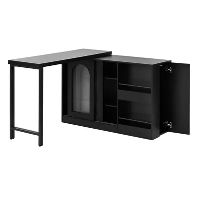 Produktbild von Flieks Esstisch ausziehbar, 360° drehbare Bartisch mit Stauraum, Küchentisch Kaffeebar mit Schrank, reversibel Tisch Sideboard, Schwarz
