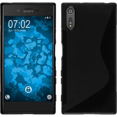 A black phone case is shown from the front and back, with the phone inside the case visible on the left.
