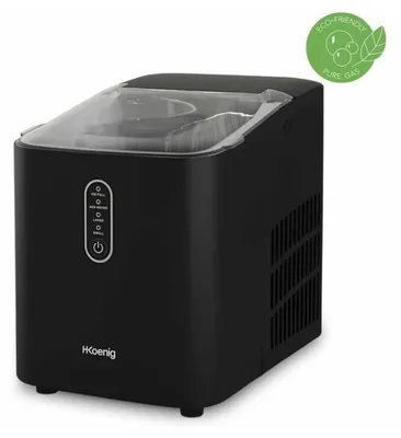 A black H.Koenig ice maker is shown on a white background with a green eco-friendly badge in the top right corner.