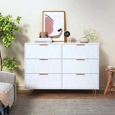 Produktbild von Schlafzimmerkommode, 6 Schubladen, geräumig und stabil, goldene Griffe und Beine, weiß