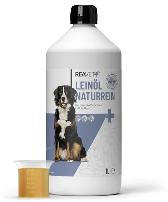 Produktbild von REAVET Leinöl Hunde Pferde 1 Liter I Leinöl Hund kaltgepresst I Reich an Omega 3 & 6 I Barf-Zusatz, Barf Öl für Hund, Katze und Pferd