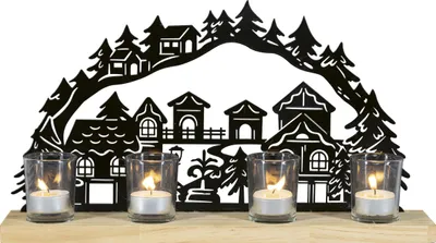 Mini-Lichtbogen Metall mit Holzfuß für 4 Teelichter, 40,5x7x22 cm
