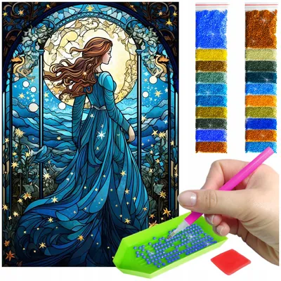 Zdjęcie produktu dla Haft diamentowy ARTULIO - Kobieta w niebieskiej sukni - 60 x 40 cm - Diamond painting, Kompletny zestaw: mozaika + akcesoria