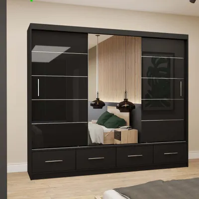 Produktbild von Schwebetürenschrank Kleiderschrank Schrank 250 cm Schwarz/Schwarz semigloss mit Spiegel Florence