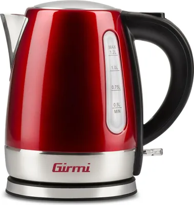 A red electric kettle with a black handle and silver base is shown against a white background.