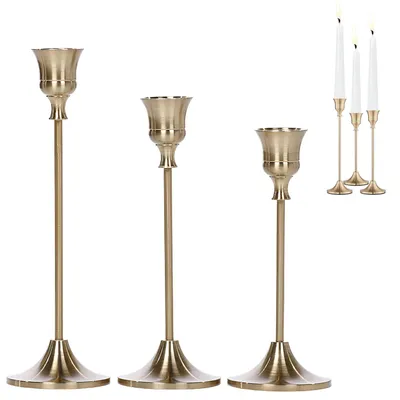 Produktbild von Messing-Kerzenständer, 3-teiliges Set, konischer Kerzenständer aus Metall mit langem Griff, Tischdekoration für Candlelight Dinner, geeignet