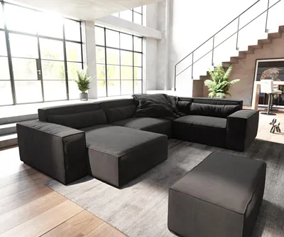 Produktbild von DELIFE Wohnlandschaft Sirpio 300x210 cm Mikrofaser Schwarz Recamiere variabel mit Hocker