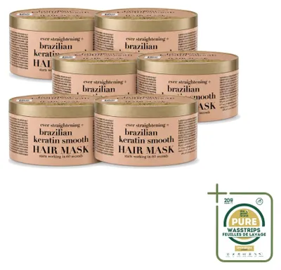 Productafbeelding van 6 x OGX Braziliaanse Keratine Gladmakend Haarmasker - Herstelt en geeft glans - 300 ml - Voordeelverpakking - 6 stuks