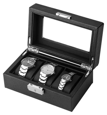 Image de Coffret à montres comprenant 3 compartiments, un couvercle en verre transparent et des coussins amovibles.