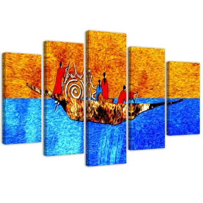 Produktbild von 5-teiliges leinwandbild auf einem boot 100x70 cm Feeby farbe wandbild bereit zum aufhängen