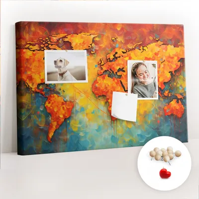 Imagen del producto de Tablero de corcho con chinchetas - Panel con chinchetas para fotografías y notas - 60x40 cm - 100 chinchetas de madera - Mapa del mundo decorativo
