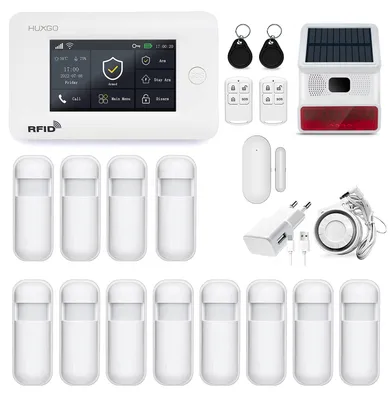Image de Système d'alarme funk HUXGO HXA006 avec 12 détecteurs de mouvement et un deuxième module de sirène sans fil : notifications WLAN + GSM 4G par SMS, contrôle via téléphone, Image générée par une IA