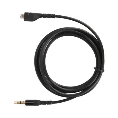 A black audio cable with a micro USB connector on one end and a 3.5mm jack on the other, coiled on a white background.