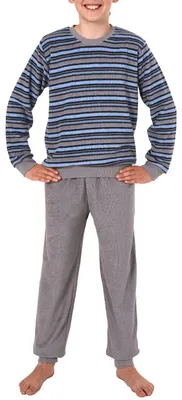 Produktbild von Jungen Frottee Pyjama Schlafanzug langarm mit Bündchen - Oberteil gestreift - 291 13 576 ; grau/blau , 122