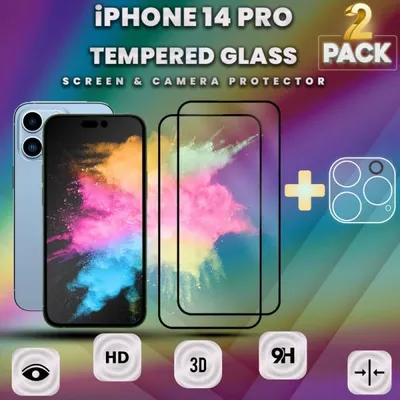 Produktbild von 2-Pack iPhone 14 Pro Displayschutzfolie & 1-Pack Kameraschutz - Gehärtetes Glas 9H - Super Qualität 3D