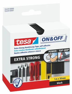 Produktbild von 1x TESA On & Off Klettband Klettverschluss EXTRA STARK 100cm x 50mm schwarz