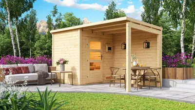 Produktbild von CHILLROI® Karibu Außensauna Sofia mit Anbaudach und Rückwand im Set mit finnischem 9kW Ofen inkl. Steuergerät