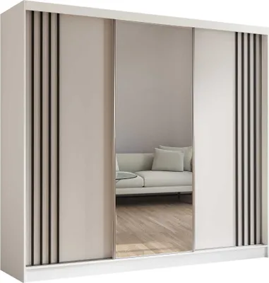 Produktbild von AGMAT Schwebetürenschrank Lugo, Kleiderschrank mit 3 Türen und Spiegel, Moderne Garderobe in Farbe: Weiß / Weiß, Schrank in Größe: 240 x 216 x 61 cm