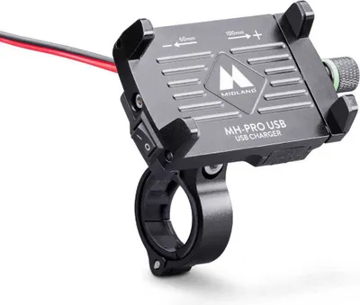 Produktbild von Aluminium Motorradlenker Smartphone-Halterung MIDLAND MH-PRO USB-Ladegerät