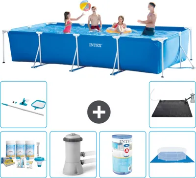 Produktbild von Intex-Schwimmbecken mit rechteckigem Rahmen – 450 x 220 x 84 cm – Blau – im Lieferumfang enthalten Wartungspaket - Filterpumpe für Schwimmbad - Filter - Bodenplane - Reinigungskit - Solarmatte