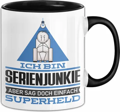 Produktbild von Serienjunkie Geschenk Tasse Ich Bin Serienjunkie Aber Sag Doch Einfach Superheld Lustige Geschenkdiee für Serienjunkie Kaffee-Becher (Schwarz)