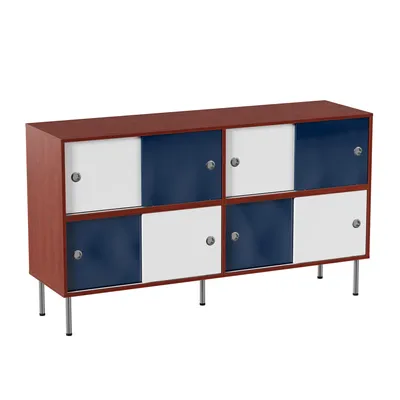 Produktbild von Sideboard 140x40x80cm aus MDF, Kommode mit 8 Schiebetüren in Blau-Weiß, Holzoptik Stauraumschrank mit Metallfüßen für Wohnzimmer & Flur