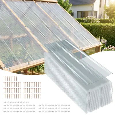 Zdjęcie produktu dla Zestaw 20 sztuk płyt FRP Vigevee, wymiar 50x120 cm, grubość 1 mm, przezroczyste płyty trapezowe, ochrona przed promieniowaniem UV, odporne na grad i warunki atmosferyczne, w zestawie śruby do montażu nad tarasem lub jako wiatę