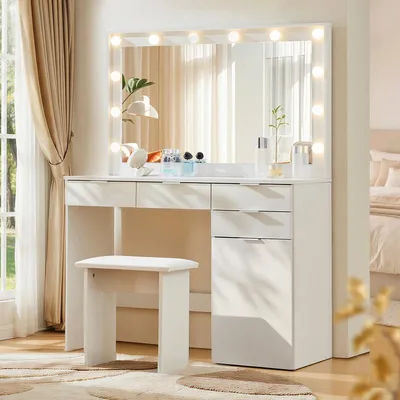 Productafbeelding van Make-up tafel met LED-verlichting en kruk, wit, 105x40x140 cm