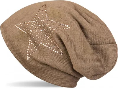 Produktbild von styleBREAKER warme Feinstrick Beanie Mütze mit All Over Stern Muster, Strass Stern und sehr weichem Fleece Innenfutter, Uni 04024084