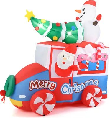 Obrázok produktu pre COSTWAY 177cm nafukovacia vianočná dekorácia, LED Father Christmas v aute, vianočná dekorácia so snehuliakom a vianočným stromčekom