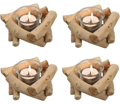 Immagine prodotto di Set di 4 portacandele in legno rustico con bicchiere in vetro, stile vintage, decorazione in legno naturale, dimensioni 14x14x8 cm