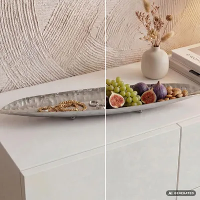 Obrázek produktu pro WOHNLING, dekorativní mísa, stříbrná, kovová, 65,5 cm, designová mísa na ovoce, moderní vzhled, s nožkami, kovová, dekorativní, dlouhá, ručně vyrobená, Obrázek vytvořený pomocí AI