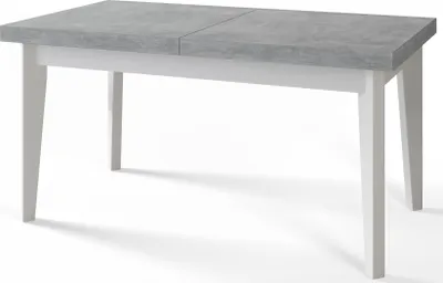 A modern dining table with a gray tabletop and white legs, shown against a white background.