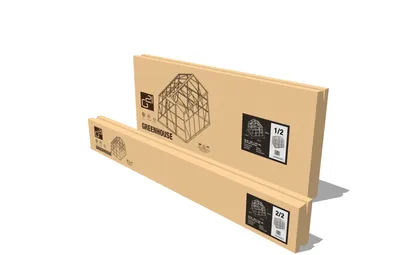 Two cardboard boxes for a greenhouse kit, stacked and angled.