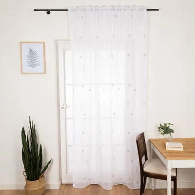 Produktbild von Gardinenstoff Voile Stickerei mit Bleiband weiß grau 280cm Breite