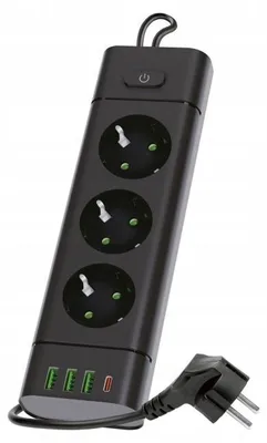 Imagen del producto de Regleta Kobi con 3 enchufes, puertos USB y interruptor, 1,5 metros