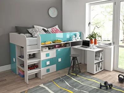 Image de Lit mezzanine « Toledo 1 » pour enfant, 90 x 200 cm, avec bureau, finition brillante, couleur au choix